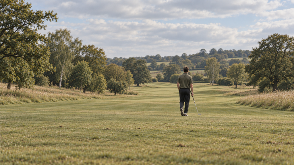 A distant golfer carrying an iron across a sunny English parkland course