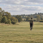A distant golfer carrying an iron across a sunny English parkland course